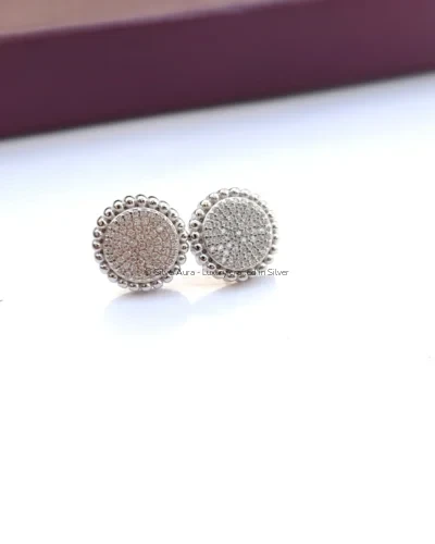 Pave disc studs in 925 sterling silver with milgrain border