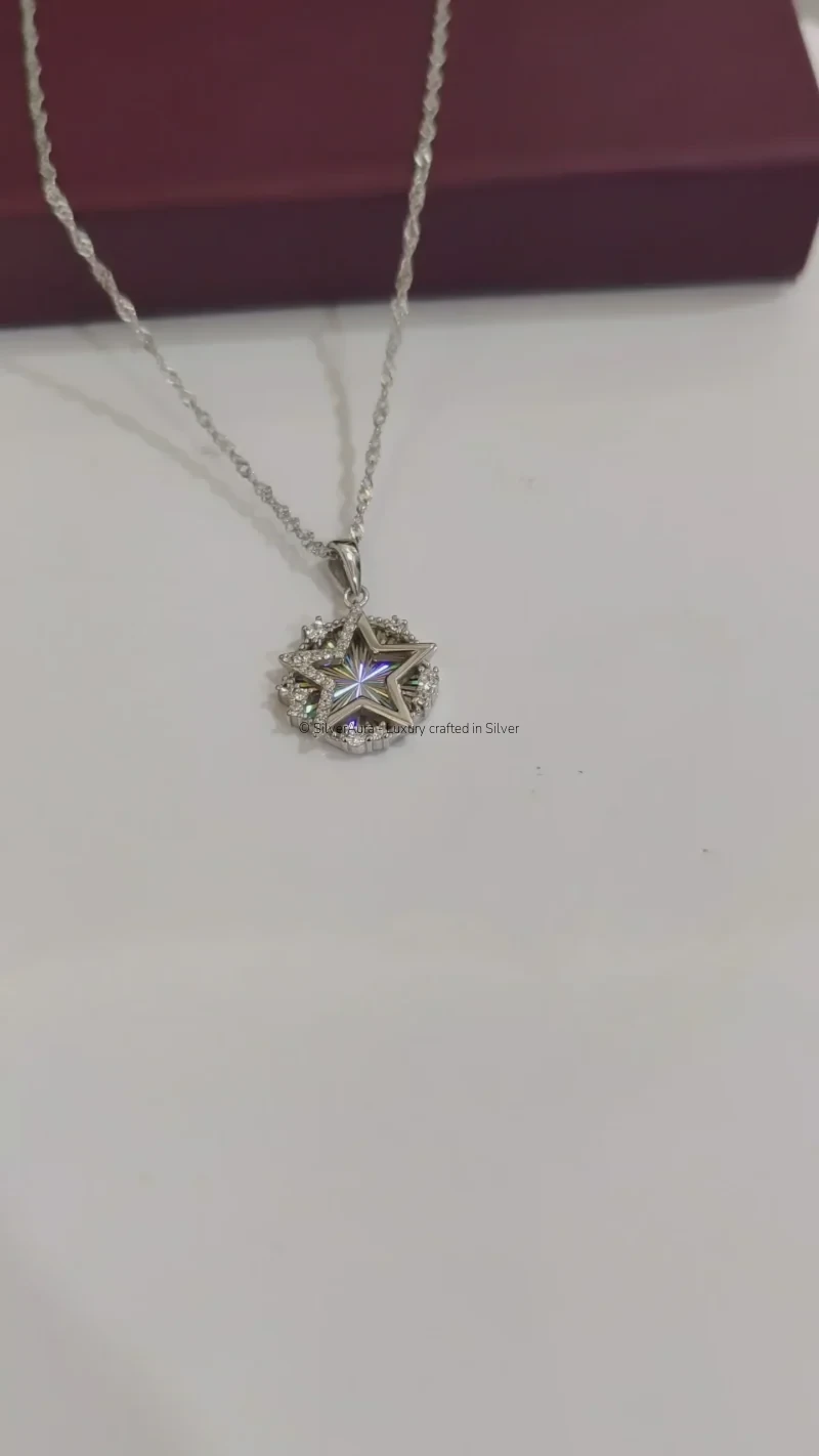 Starburst CZ pendant necklace, close-up view
