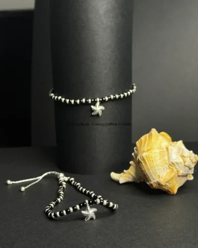 Starfish charm beaded anklet in 925 sterling silver