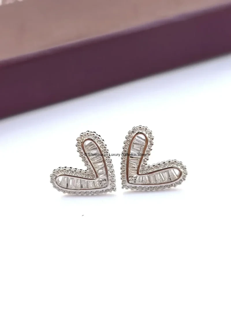 Baguette heart stud earrings in 92.5 sterling silver