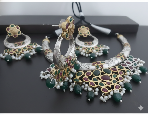 rajsi heritage ruby & emerald kundan oxidised silver necklace set