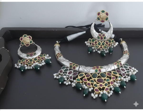 rajsi heritage ruby & emerald kundan oxidised silver necklace set