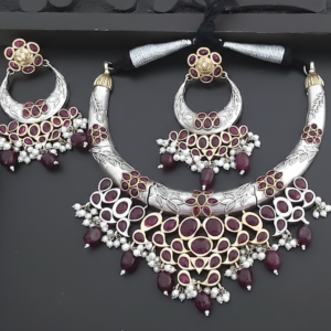 rajsi heritage wine ruby kundan oxidised silver necklace set
