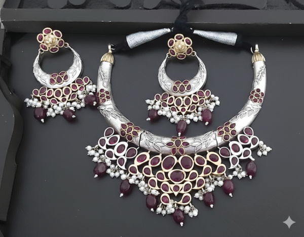 rajsi heritage wine ruby kundan oxidised silver necklace set