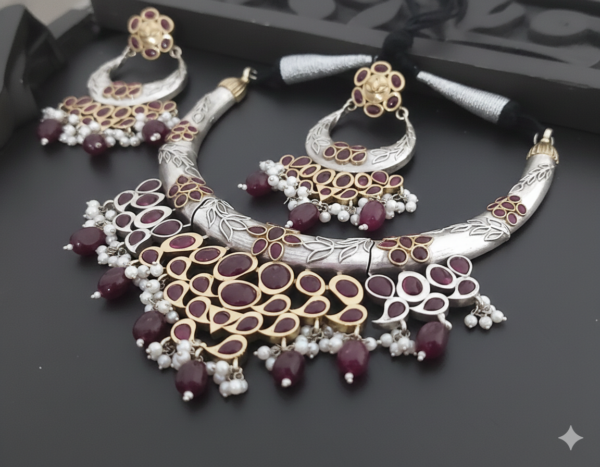 rajsi heritage wine ruby kundan oxidised silver necklace set