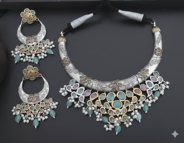 rajsi heritage multicolor kundan oxidised silver necklace set
