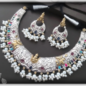 rajsi heritage multicolor kundan oxidised silver necklace set
