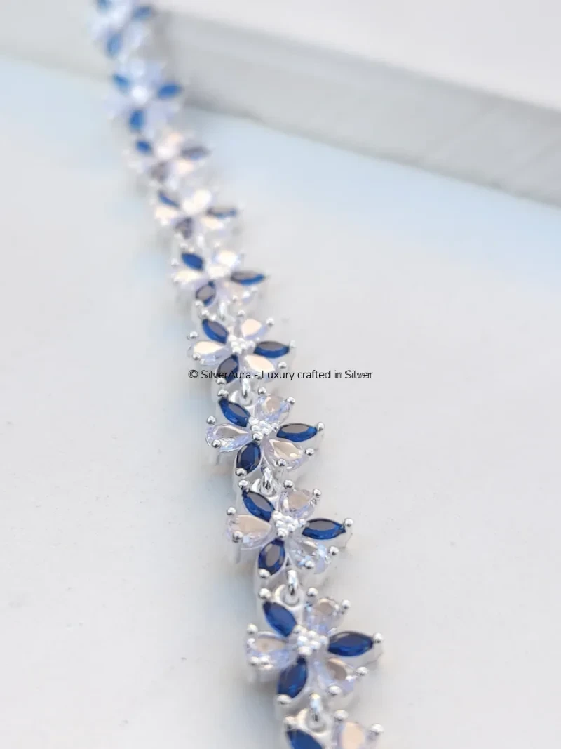 Blue floral crystal bracelet, close-up view