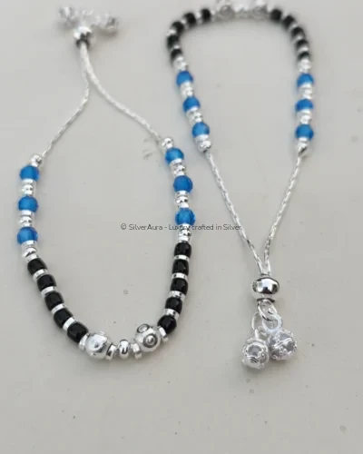 Dual tone bead silver anklet with blue and black beads