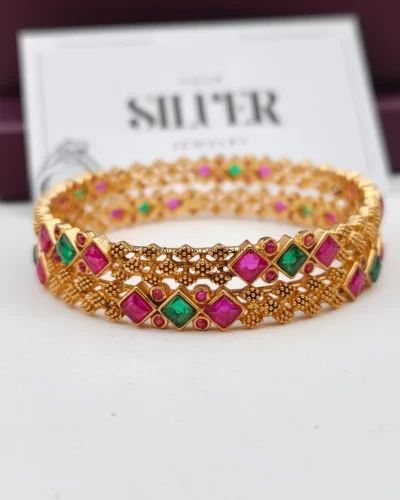 Emerald ruby royal silver bangles, front view