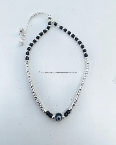 Evil eye protection anklet with blue bead and silver beads