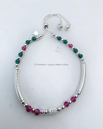 Multicolor bead silver anklet with pink and green beads