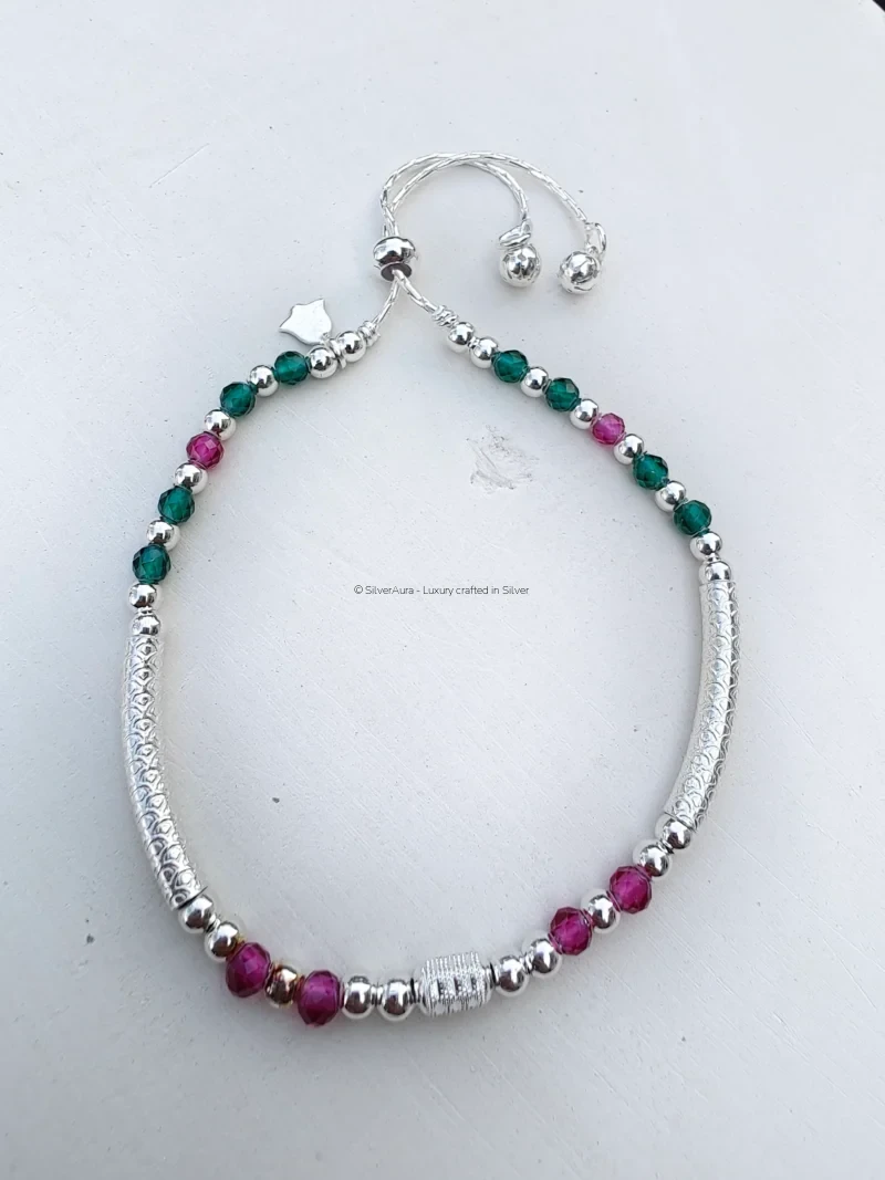 Multicolor bead silver anklet with pink and green beads