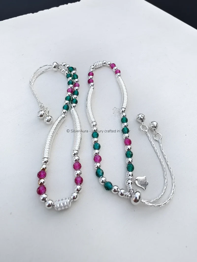 Multicolor bead silver anklet, close-up view