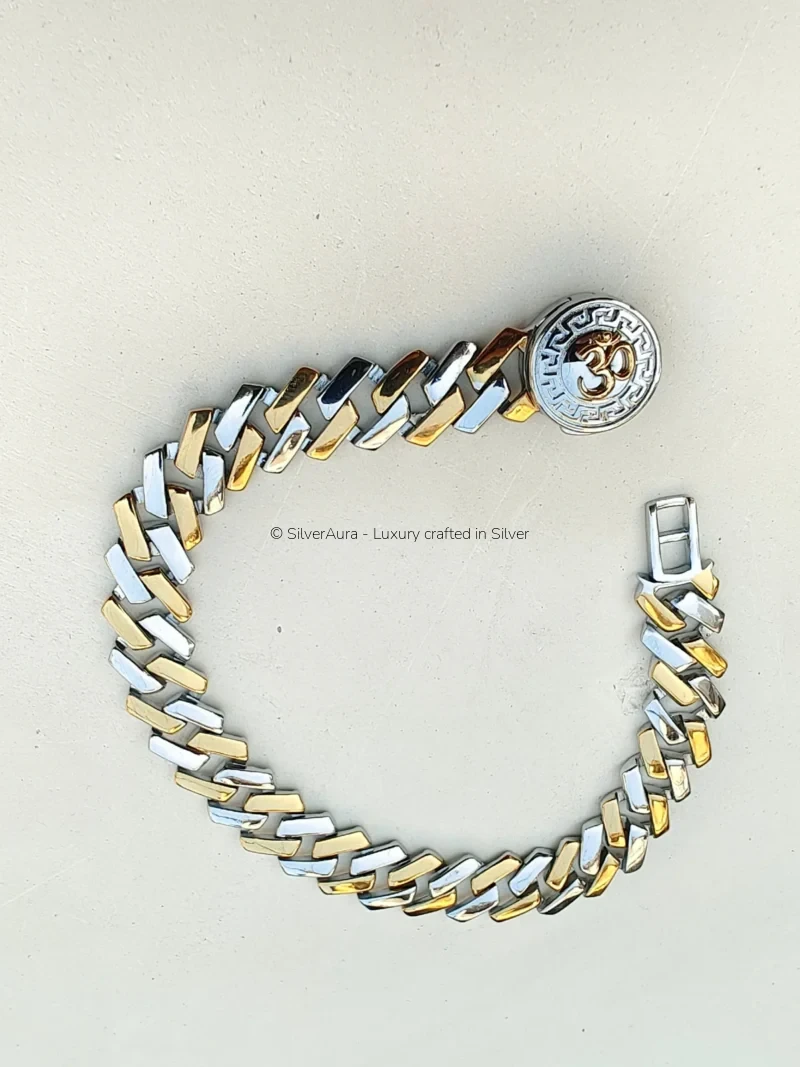 Om silver bracelet, close-up view