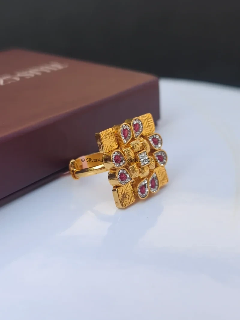 Rajwada ruby square ring, close-up detail