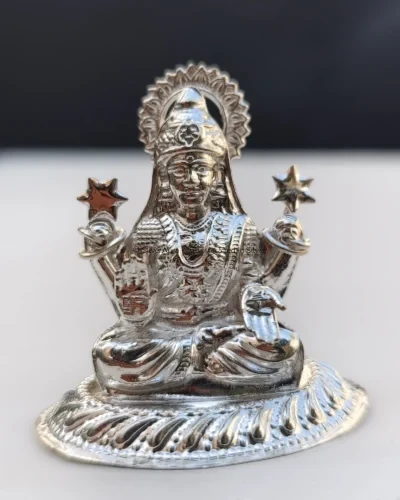 Shri Lakshmi Ji silver murti, seated on lotus