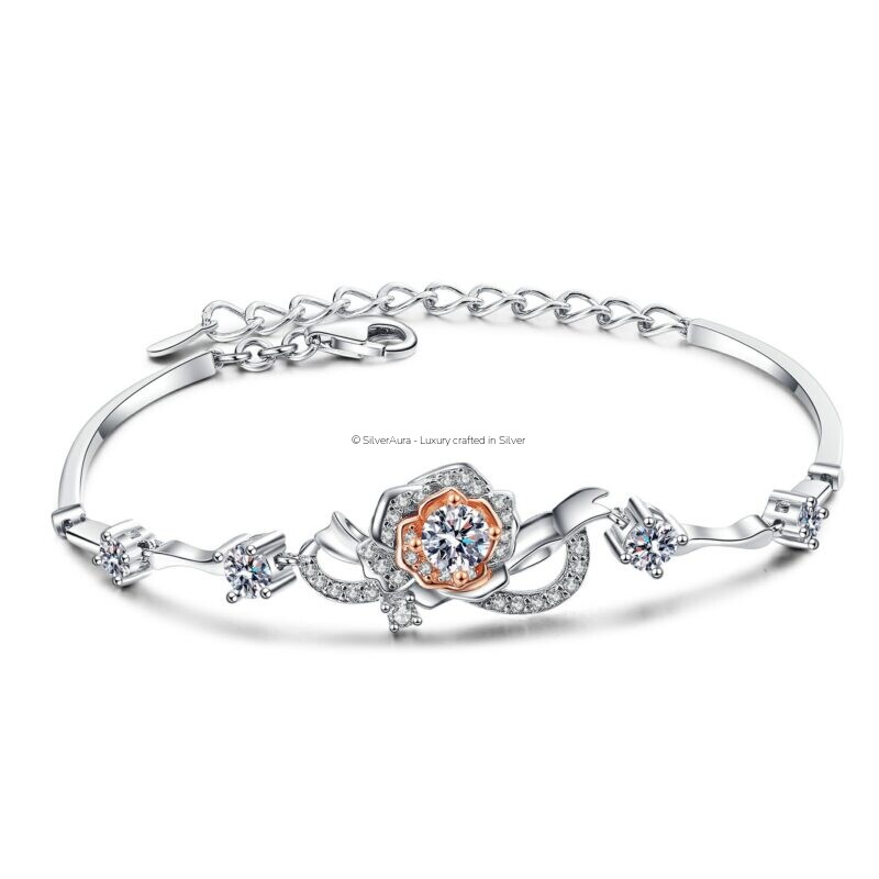 Rose moissanite silver bracelet, front view