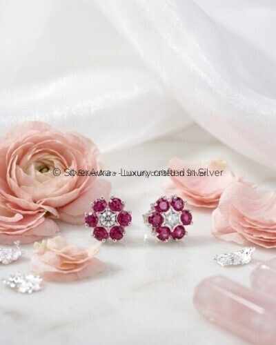 Compact bloom red silver earrings in 925 sterling silver
