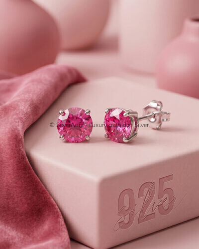Pinkish red solitaire earrings in 925 sterling silver