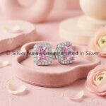 Rectangle solitaire pink silver studs in 925 sterling silver