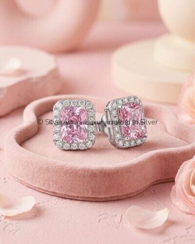 Rectangle solitaire pink silver studs in 925 sterling silver