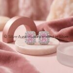 Rectangle solitaire pink silver studs, close-up view