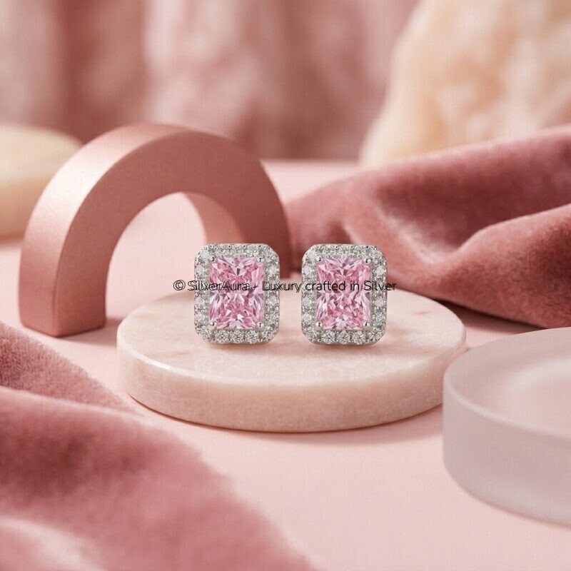 Rectangle solitaire pink silver studs, close-up view