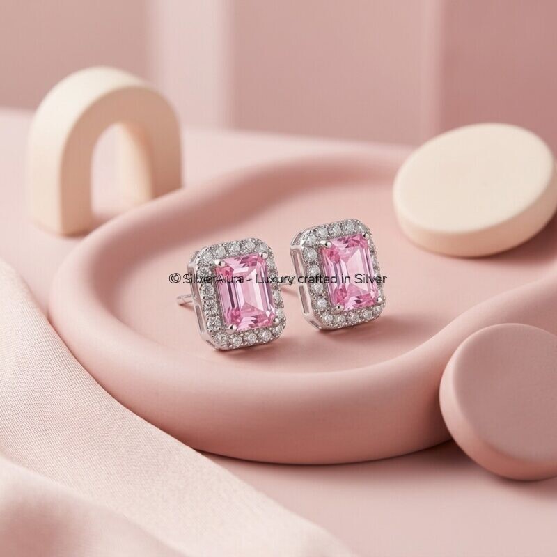 Rectangle solitaire pink silver studs, product view