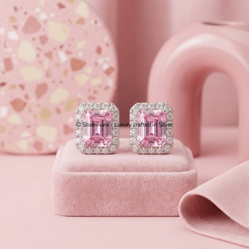 Rectangle solitaire pink silver studs worn on ear