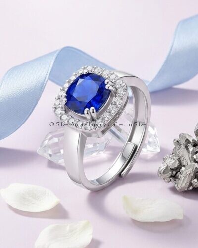 Blue solitaire silver ring in 925 sterling silver