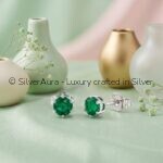 Green solitaire silver earrings in 925 sterling silver
