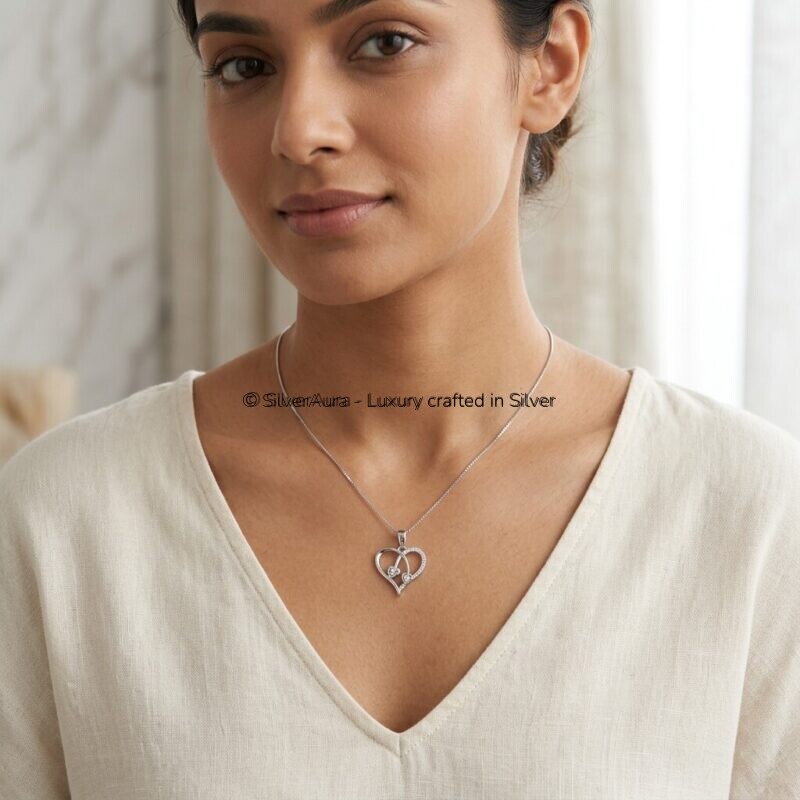 Heart silver pendant, close-up view
