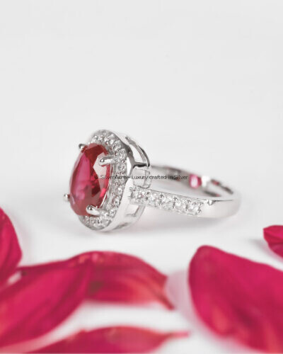 Red solitaire silver ring in 925 sterling silver